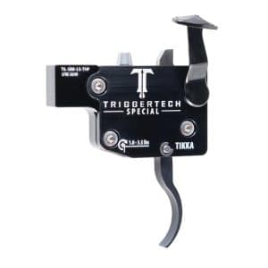 TriggerTech Special adjustable rifle trigger for a TIKKA rifle, black metal with silver levers and branding.