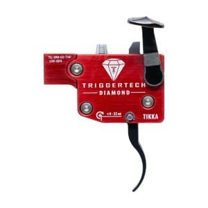 Red TriggerTech Diamond rifle trigger for Tikka rifles, with black levers and adjustment screws