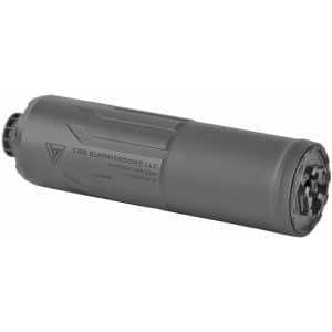 Close-up of a matte gray firearm suppressor with angular surface patterns and the text CGS SUPPRESSORS LLC along its body (7.62mm).