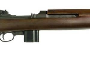Side view of a bolt-action rifle with a wooden stock and long metal barrel, shown in profile.