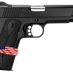Black semi-automatic pistol with a small American flag ribbon wrapped around the grip.