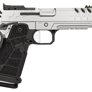 High-detail side view of a modern semi-automatic pistol with a silver slide and black grip, shown against a white background.