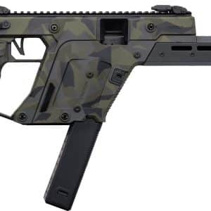 Camouflage-pattern Kriss Vector-style semi-automatic rifle in side view with a long black barrel and pistol grip.
