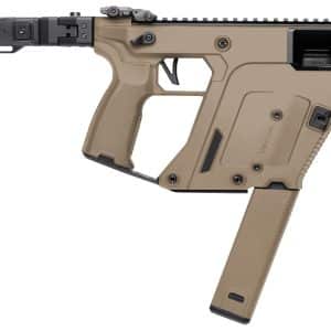 Tan KRISS Vector-style rifle shown from the left side with an extended stock and a magazine inserted. Top rail visible across the receiver.