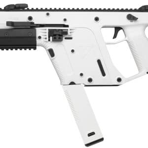 Side profile of a white and black tactical rifle with a long rail, grip, and magazine against a white background.