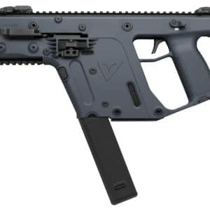 Side view of a gray KRISS-style rifle with rail system and curved pistol grip.