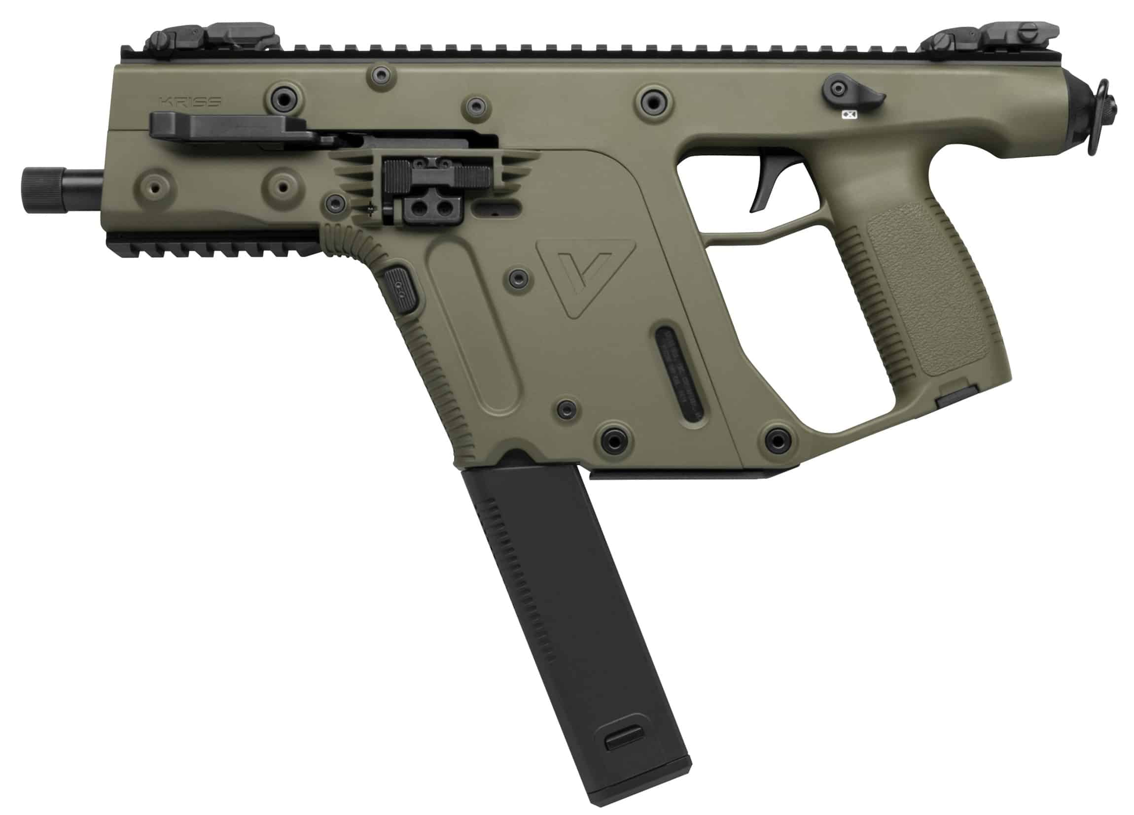 Olive-drab tactical rifle shown in side profile with a top rail and attached magazine