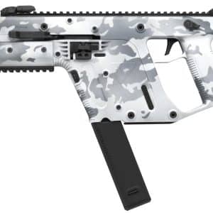 Camouflage-patterned tactical rifle with extended magazine and accessories on a white background.