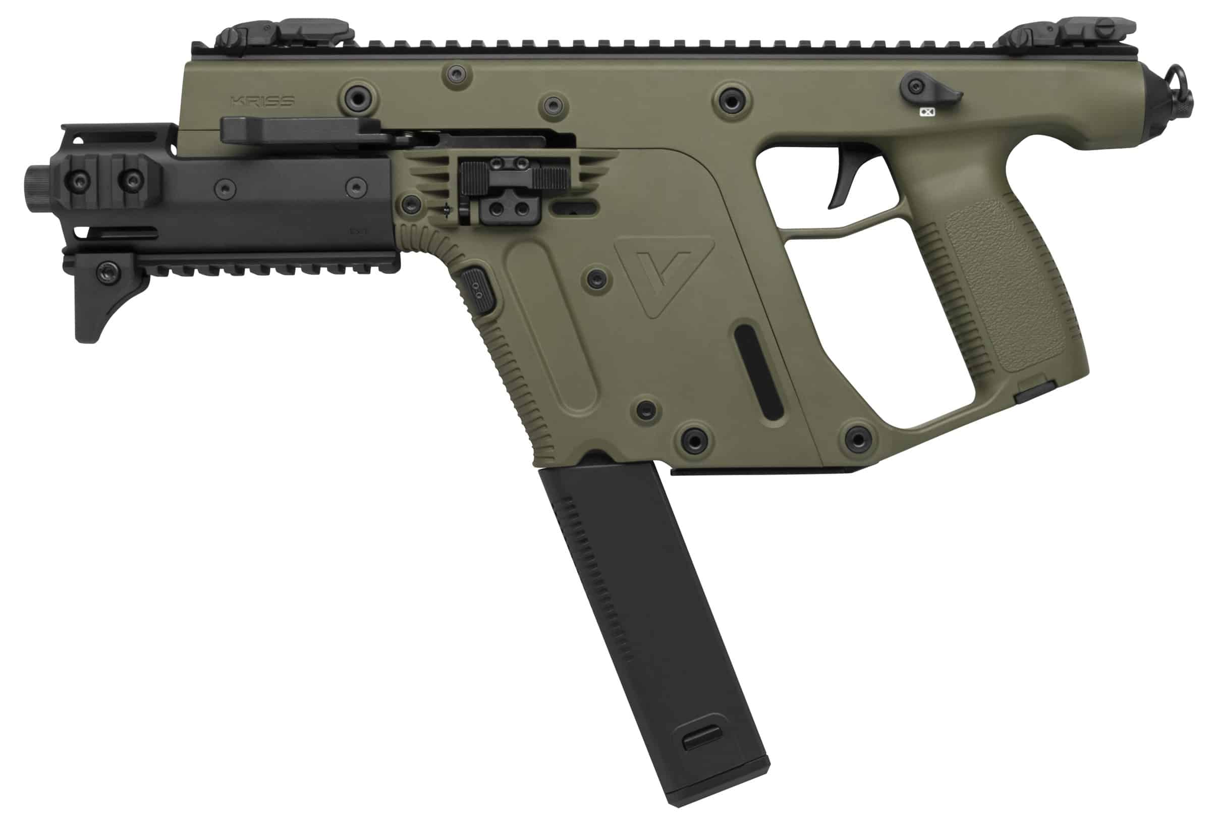Side view of an olive green KRISS Vector-style firearm with a detachable magazine protruding downward.