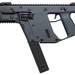 Side view of a gray KRISS Vector-style firearm with top rail, grip, and attached magazine in profile.