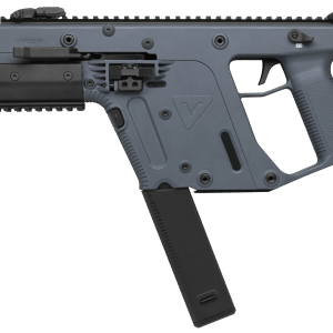 Side view of a KRISS-style rifle with blue-gray receiver, upper rail, pistol grip, and attached magazine.