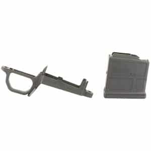 Partially assembled pistol frame with grip and trigger guard beside a detachable magazine on a white background