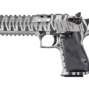 Semi-automatic pistol with a black-and-white zebra-stripe camouflage finish, shown in side profile