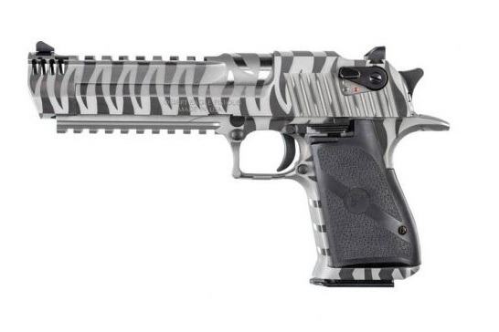 Semi-automatic pistol with a black-and-white zebra-stripe camouflage finish, shown in side profile