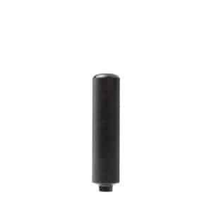 Black cylindrical microphone mounted on a small stand, shown from the front with a textured grip surface and rounded top