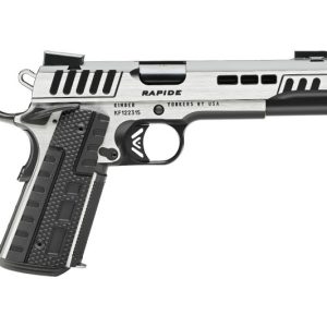 Silver and black semi-automatic pistol with tactical cutouts, labeled RAPIDE, isolated on a white background.