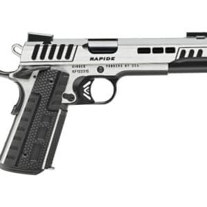 Semi-automatic pistol with a silver slide and black textured grip, facing left.