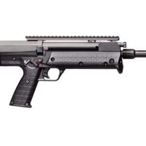 Side view of a black tactical rifle with a long barrel, detachable magazine, and pistol grip.