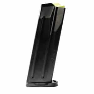 Black 9mm pistol magazine with a yellow follower, standing upright on its base plate against a white background.