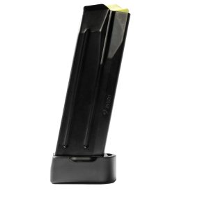 Black 9mm handgun magazine with a yellow follower, standing upright on a base against a white background