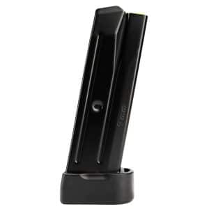 Black 9mm pistol magazine standing upright with a flat baseplate.