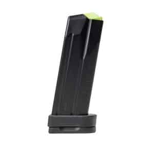 Black 9mm handgun magazine with a green follower on top