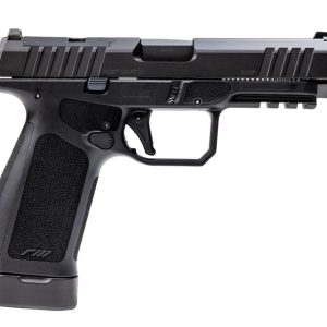 Side view of a black semi-automatic pistol with textured grip and accessory rail on the frame, including an extended magazine.
