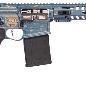 Blue distressed AR-15 style rifle with a black adjustable stock, pistol grip, and a 30‑round magazine in profile.