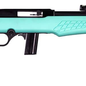 Turquoise air rifle with a black barrel viewed from the side, showing the stock, trigger, and magazine.