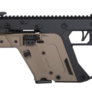 Close-up of a black and tan KRISS Vector-style rifle showing the upper receiver, Picatinny rail, and ergonomic grip.