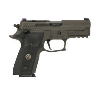 Side view of an olive-drab handgun with textured grip and visible slide markings (9mm x19)