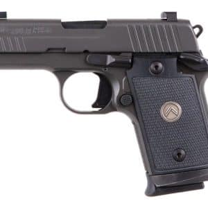 Side view of a dark gray SIG SAUER P238 semi-automatic pistol with a textured grip.