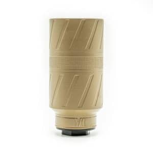 Tan textured camera lens with diagonal grooves, photographed on a white background.