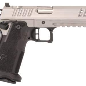 Side view of a modern semi-automatic pistol with a silver-gray slide and textured black grip, shown in profile on a white background
