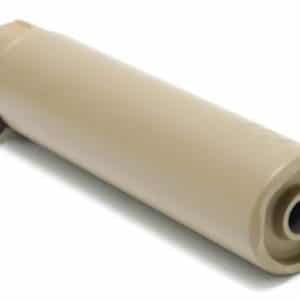 Beige cylindrical firearm silencer with rear mounting end and front muzzle opening.