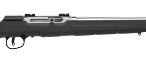 Bolt-action rifle with black synthetic stock and long metallic barrel, shown from the side.