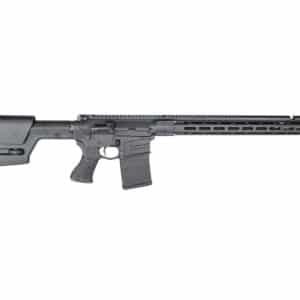 Black semi-automatic rifle with adjustable stock, pistol grip, long modular handguard, and a magazine inserted