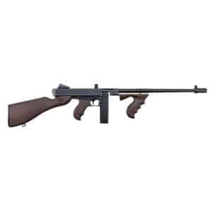 Long rifle with wooden stock and pistol grip, detachable magazine, and long ribbed barrel against a white background.