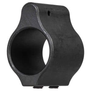 Black metal ring clamp with a circular hole and two small mounting bolts at the base, used to secure a round rod or tube.