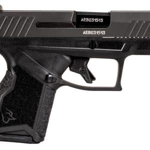 Side view of a black semi-automatic pistol with a textured grip and trigger guard.