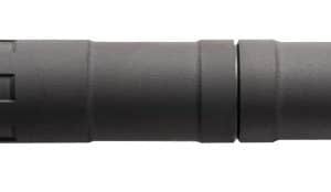 Modular rifle suppressor laid horizontally, with segmented body and threading at the left end.