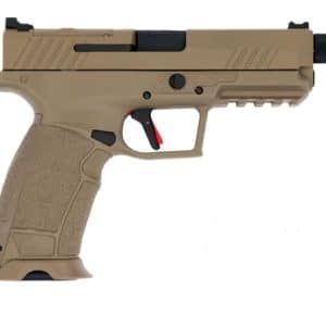 Tan semi-automatic pistol in profile with a Picatinny rail and compact grip.