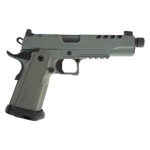 Side view of a gray semi-automatic pistol with a textured grip and the inscription 'NIGHT STALKER' on the slide.