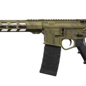 Camouflaged AR-style rifle with a long ventilated handguard, detachable magazine, and adjustable stock shown from the side
