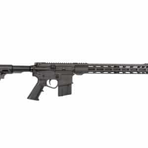 Black semi-automatic rifle shown in profile on a white background, highlighting the adjustable stock, pistol grip, and long rail handguard.