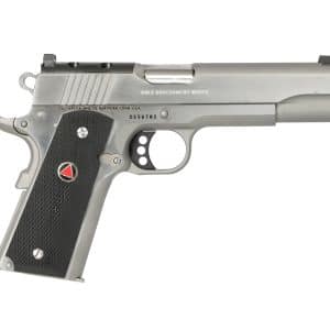 Close-up of a stainless Colt Government Model semi-automatic pistol seen from the left side with black textured grip and markings.