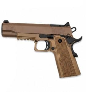 Tan semi-automatic pistol with textured grip on a white background.