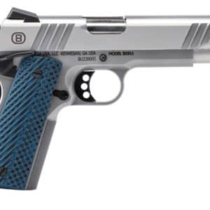 Silver semi-automatic pistol with a blue textured grip, photographed from the side, showing model details on the slide.