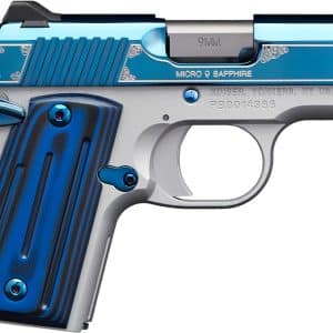 Side view of a blue-and-silver toy pistol with decorative engravings on the slide.