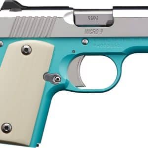 Turquoise semi-automatic pistol with a cream textured grip, shown in side profile.